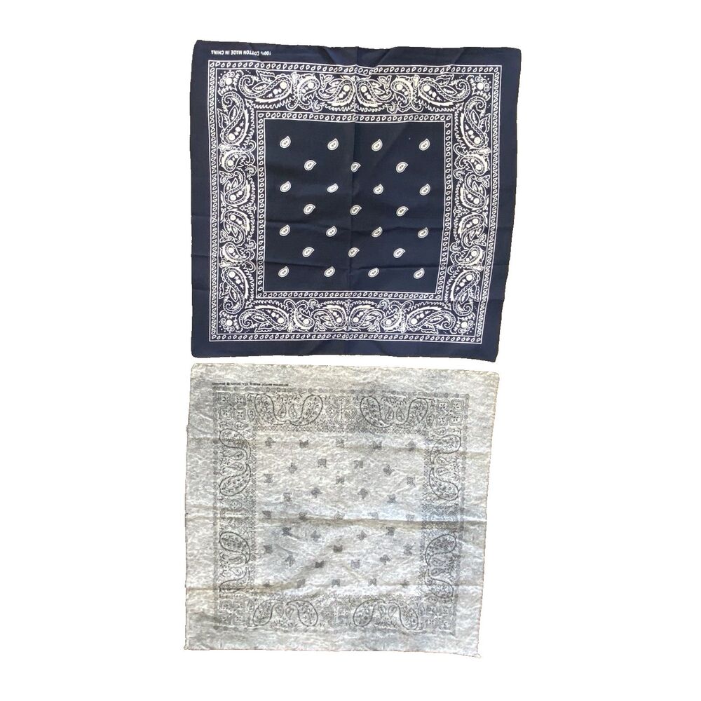Lot of 2 Paisley Bandanas Navy Blue and Gray 100% Cotton 22x22 2004